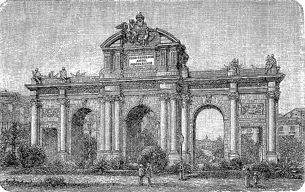 Puerta de Alcala, Alcala Gate c. 1881, Madrid, Spain, digitally restored reproduction of an original 19th century painting, exact original date not known