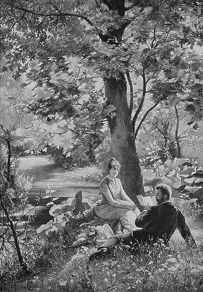 The romance novel, young couple lying in the meadow, spring atmosphere, he reads to her from a book, 1880, Germany, Historical, digital reproduction of an original 19th century original, original date not known