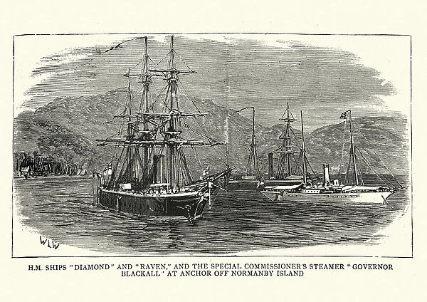 Royal Navy warships, HMS Diamond and Raven, anchored Normanby Island