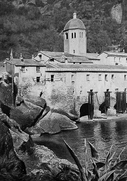 San Fruttuoso Monastery, Abbey of San Fruttuoso di Capodimonte, is a monastic complex on the bay of the same name on the Italian Riviera di Levante, Italy, photo angolan rousette (1898), Historical, digital reproduction of a 19th century original