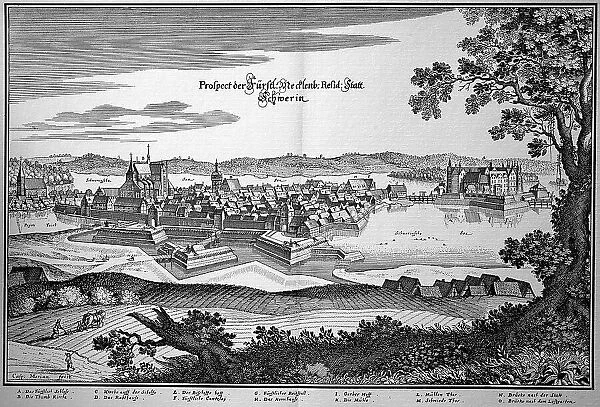 Schwerin in the Middle Ages, Mecklenburg-Western Pomerania, Germany, Historical, digital reproduction of an original from the 19th century, original date unknown