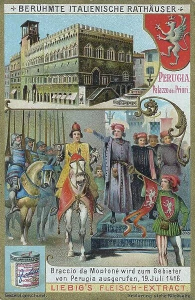 Series of famous Italian town halls, Italy, Perugia, Palazzo dei Priori, Braccio da Montone is proclaimed Lord of Perugia, 19 July 1416, Historic, digitally restored reproduction of a collector's picture from c. 1900, exact date unknown