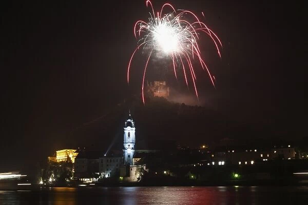 Solstice celebration with fireworks, Duernstein, Wachau, Lower Austria, Austria, Europe
