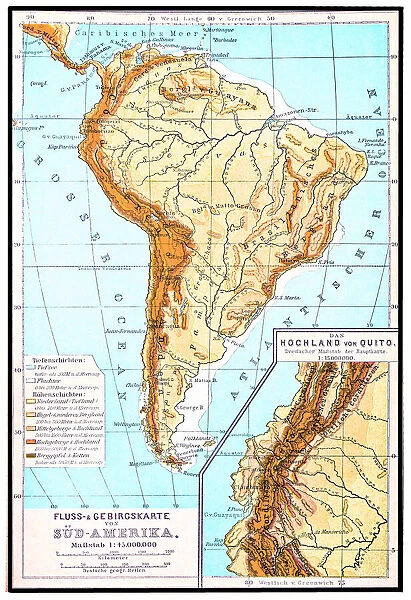 South America, river and mountains map