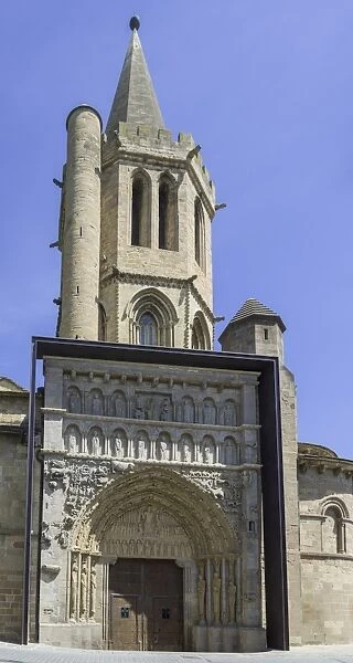 South portal with Romanesque sculptural decorations of the parish church of Santa Maria la Real, Sanguesa, Navarre, Spain