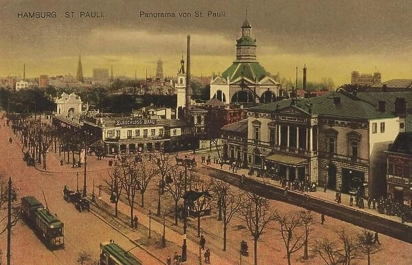 St. Pauli, Panorama, Hamburg, Germany, postcard with text, view around ca 1910, Historic, digital reproduction of a historic postcard, public domain, from that time, exact date unknown
