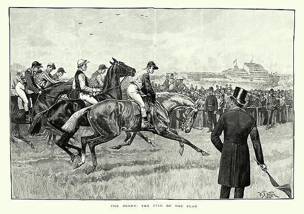 Start of the Epsom Derby, Fall of the flag, Jockey's on racehorses, Victorian History of Sport, 1890s