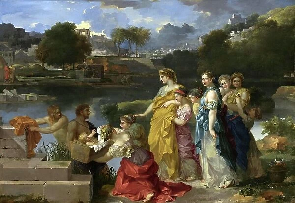 Story of the Prophet Moses, the Discovery of Moses as a Baby in a Basket on the River, Painting by Sebastian Bourdon, 1660, France, Historic, digitally restored reproduction from an 18th or 19th century original