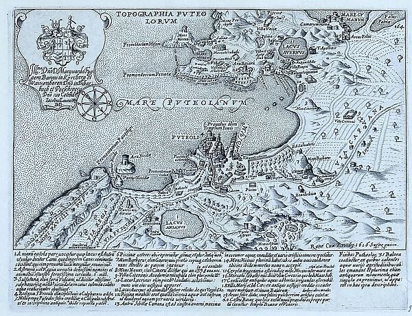Topographia Puteo Lorum, Mare Puteolanum, today the Bay of Pozzuoli. Puteoli, now known as Pozzuoli, was a Greek colony but became a Roman colony in 194 BC, historical Rome, Italy, digital reproduction of a 17th century original