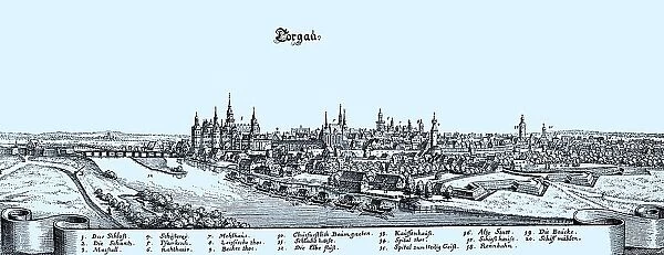 Torgau in the Middle Ages, Saxony, Germany, Historical, digital reproduction of an original from the 19th century