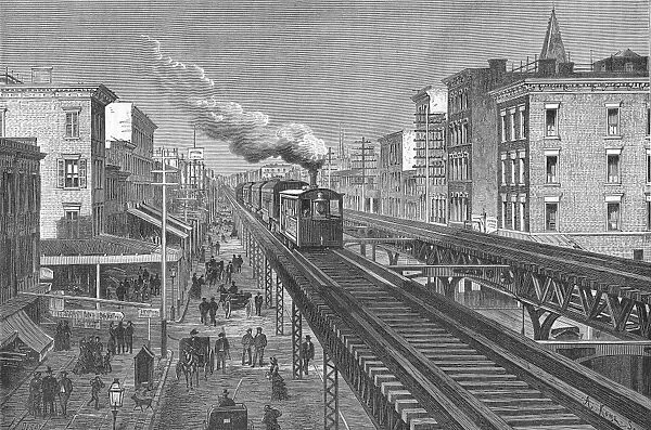 Train on double tracks of elevated railway, NYC, c. 1880