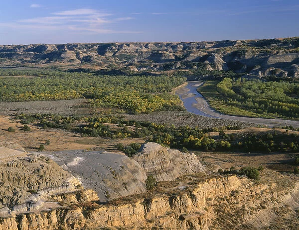 Valley of Little Missouri River and sedimentary hills in North Unit of Theodore Roosevelt National Park, North Dakota, USA