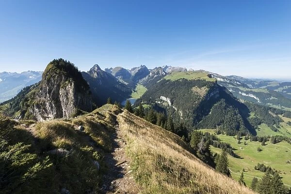 View of the Appenzell Alps as seen from the geological mountain trail, lake Saemtisersee below, canton of Appenzell Inner-Rhodes, Switzerland, Europe