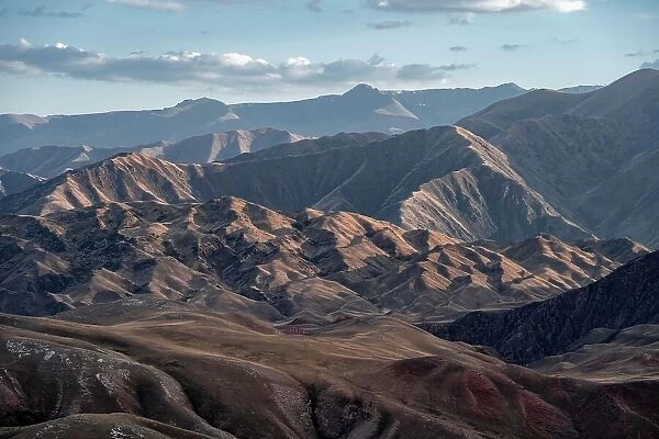 View over eroded mountainous landscape with brown hills, Konorchek Canyon, Chuy, Kyrgyzstan