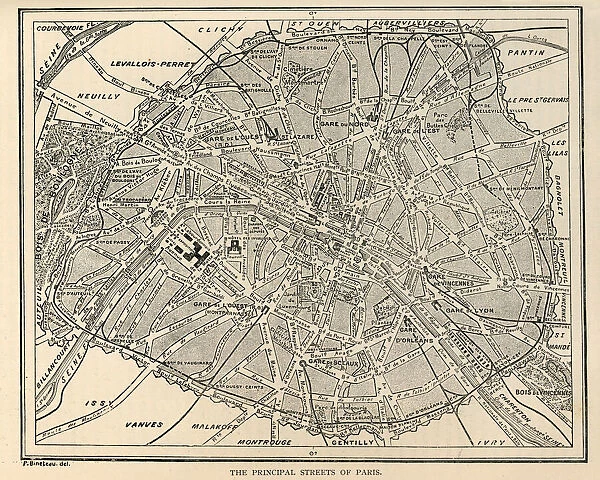Vintage street map of Paris, France, 1890s, 19th Century