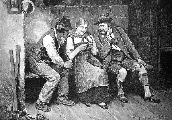 A warm place, at the tiled stove the farmer's daughter is sitting and knitting, two men are sitting next to her and try to get into a conversation with her, Bavaria, Germany, Historic, digital reproduction of an original from the 19th century
