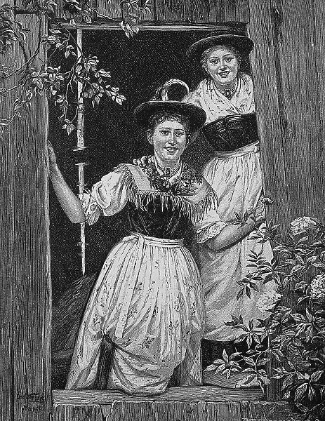 Welcome, two woman in traditional traditional costume give a friendly welcome to the visitors, Austria, Historic, digital reproduction of an original from the 19th century, original date not known