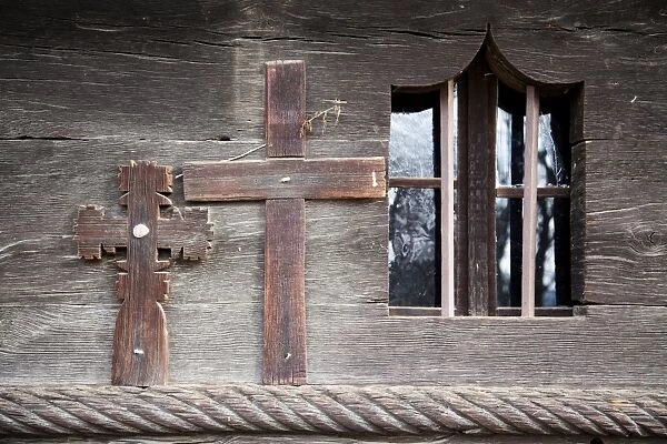 Window and crossses on a wooden orthodox church