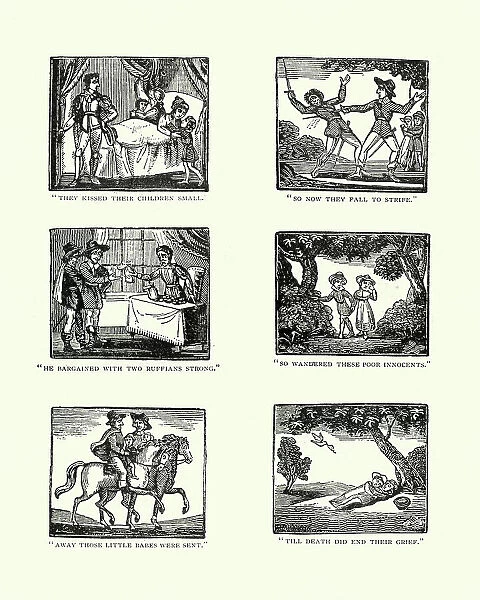 Woodcut engravings from the story Babes in the Wood