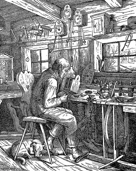 Workshop of a clockmaker in the Black Forest, Germany, Historic, digital reproduction of an original 19th-century model