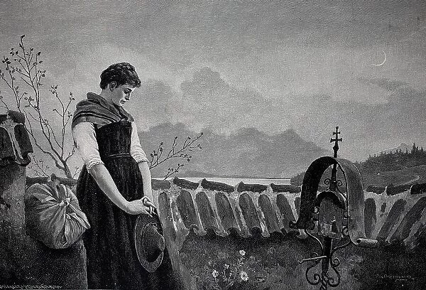 In the world now alone, mourning woman stands in the cemetery in front of the grave of her deceased man, Austria, 1898, Historic, digital reproduction of an original 19th century original, original date unknown