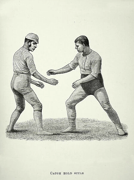 Two wrestlers, Wrestling move, catch hold style, Victorian combat sports, 19th Century