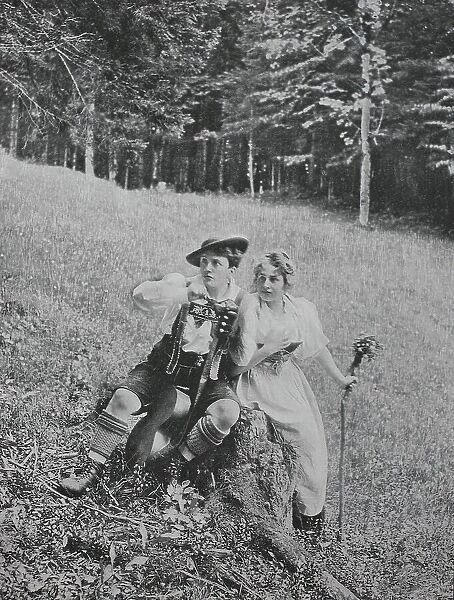 Young couple feels caught after a clandestine meeting on the mountain pasture, 1899, Austria, Historic, digital reproduction of an original 19th-century print