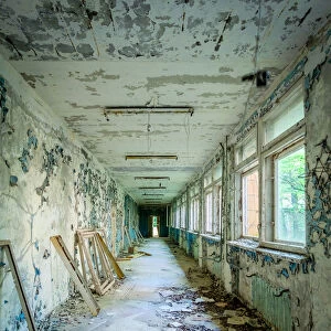 Abandoned school corridor in the Chernobyl Exclusion Zone, Pripyat, Ukraine