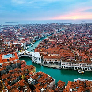 Aerial of Rialto bridge at sunset, Venice