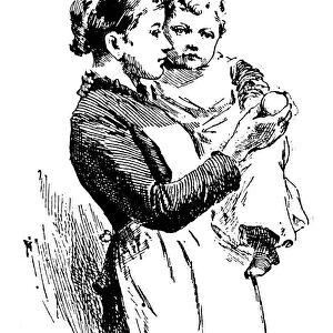 Antique childrens book comic illustration: mother and child