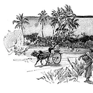 Antique childrens book comic illustration: people riding ox cart