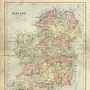Antique damaged map of Ireland in the 19th Century
