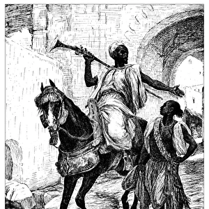 Antique illustration of man with bayonet riding a horse