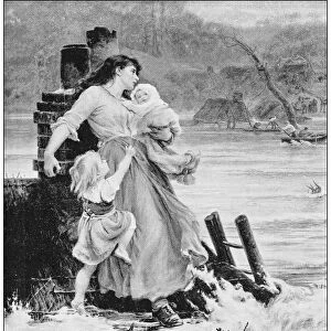 Antique photo of paintings: Woman with children during flood