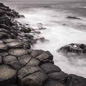 Basaltic rocks on the shore with waves, Giants Causeway, Coleraine, Northern Ireland, United Kingdom, Europe