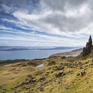 Bizarre rock formation, Old Man of Storr with the Sound of Rsay, Isle of Skye, Scotland, United Kingdom