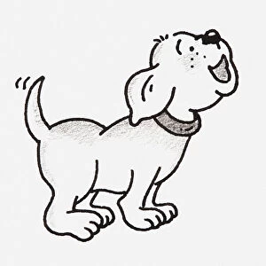 Black and white illustration of a small dog wagging tail, side view