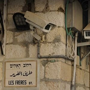 Camera surveillance with street names in the Christian Quarter in the Old City, Jerusalem, Israel, Middle East, Asia