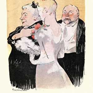 Caricature of Upper class French couple and their adult daughter, 1890s, 19th Century
