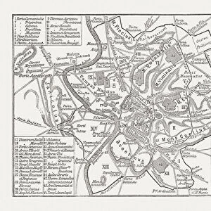 City map of ancient Rome, wood engraving, published in 1878
