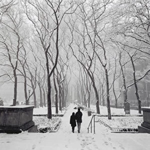 Couple walking in snow-covered park, New York City