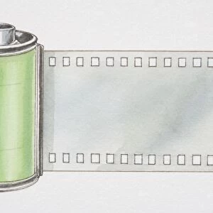 Edge of 35mm film roll extending out of its plastic case
