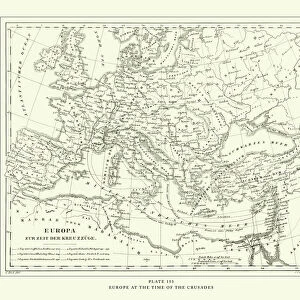 Engraved Antique, Europe at the Time of the Crusades Engraving Antique Illustration
