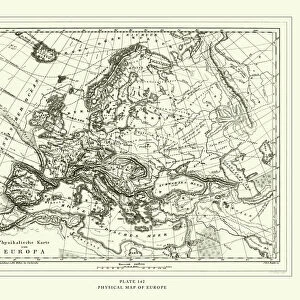 Engraved Antique, Physical Map of Europe Engraving Antique Illustration, Published 1851