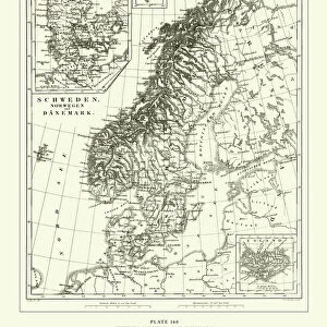 Engraved Antique, Sweden, Norway and Denmark Engraving Antique Illustration, Published