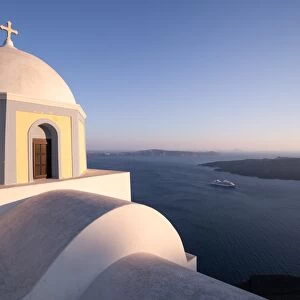 Famous church and cruise ship, Santorini, Greece