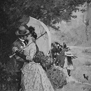 A favourable moment, couple kissing under an umbrella, 1880, Austria, Historic, digital reproduction of an original 19th century print, original date not known