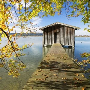 Fishermans hut in autumn at Kochelsee Lake, Bavaria, Germany, Europe, PublicGround