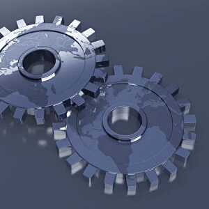 Gears with a world map, 3D illustration