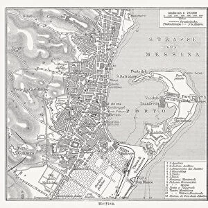 Historical city map of Messina, Italy, wood engraving, published 1897